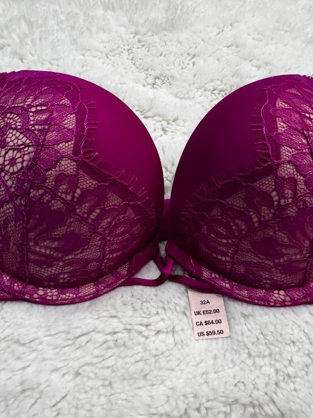 Bombshell Add-2-Cups Push-Up Bra 32A Magenta Fuchsia Lace Plunge NWT